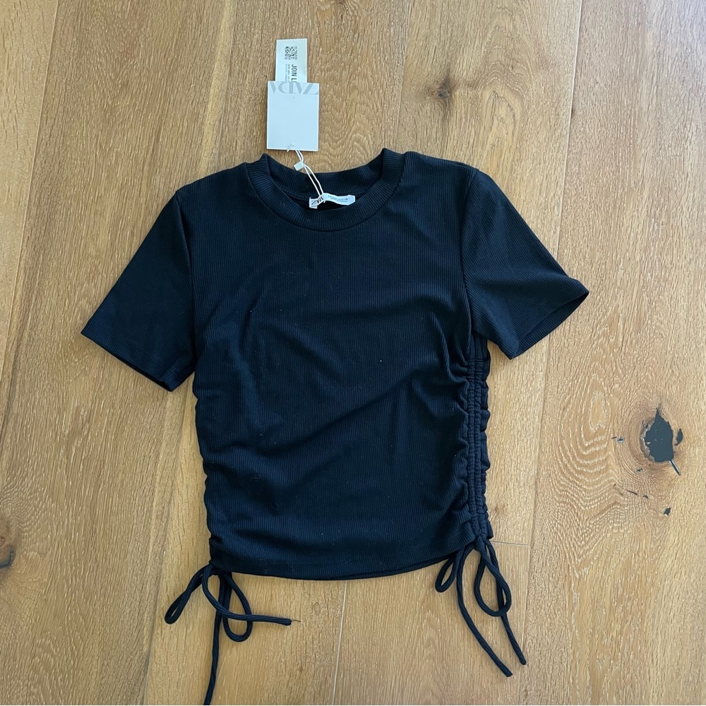 Zara Black Ribbed Cropped Baby tee with Side Ties Size S